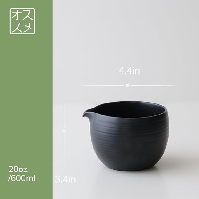 Matcha Whisk Set, Ceramic Matcha Bowl & Whisk Holder, Bamboo Accessory, Modern Design (Matte Crème, Pouring Spout) (Matte Black)