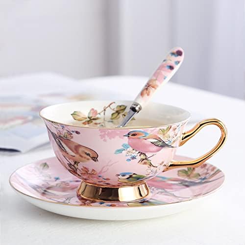 Pink Bird Porcelain Tea Cup Set with Saucer and Spoon - 7oz, Cappuccino and Latte Cups, Mother's Day Gift