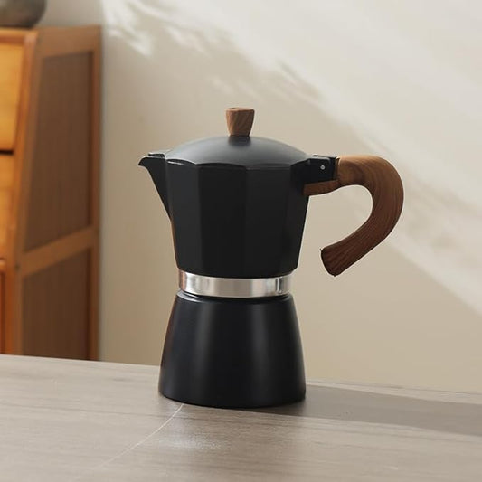 Kingdong Stovetop Moka Pot with Wooden Handle, 6-Cup Italian Style Coffee Maker, Black and Cream Aluminum Espresso Brewer (Black, 3 cup)