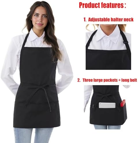 Chef Apron 3 Pocket Short Apron Adjustable Halter Apron Waitress Apron Kitchen Aprons for Cooking Women - Image 3