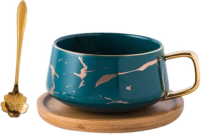 Jusalpha Golden Hand Print Teacup Coffee Cup with Bamboo Saucer Set FDTCS19 (1, Green)