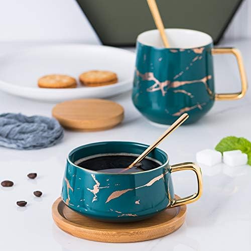 Jusalpha Golden Hand Print Teacup Coffee Cup with Bamboo Saucer Set FDTCS19 (1, Green)