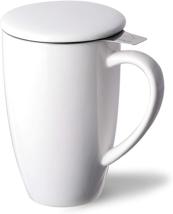 Sweejar Porcelain Tea Infuser Cup with Lid, 16 oz Tea Cup with Strainers for Loose Leaf Tea, Microwave and Dishwasher Safe Coffee Mug, Tea Steeping Mug for Tea Drinkers,Christmas Gift (White)