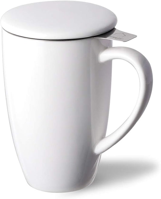 Sweejar Porcelain Tea Infuser Cup with Lid, 16 oz Tea Cup with Strainers for Loose Leaf Tea, Microwave and Dishwasher Safe Coffee Mug, Tea Steeping Mug for Tea Drinkers,Christmas Gift (White)