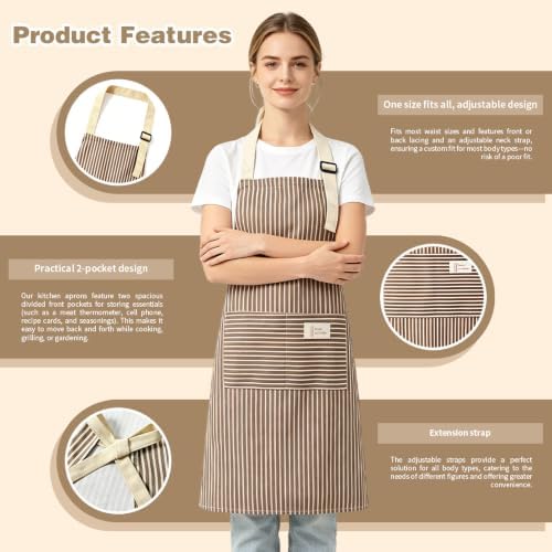 Chef Apron Bib Apron with 2 Large Pockets Adjustable Neck Strap Kitchen Apron Cooking Apron Stripes Baking Apron - Image 5