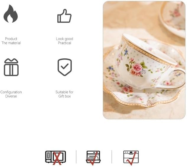 6 oz Vintage flower Ceramic cup and 6" saucer set with Brand customized stainless steel spoon Gifts for Afternoon Tea Coffee Hour(C)