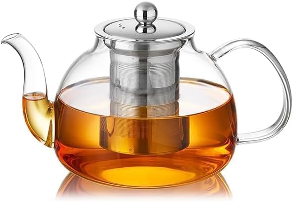 42OZ (1250ML) Glass Teapot with Infuser Stovetop Safe, Clear Glass Tea Pot Kettle, Borosilicate Tea Pot with Infusers Filter for Loose Tea, Tea Kettle Dishwasher Safe