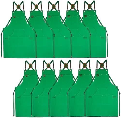 10 Pack Kitchen Apron, Work Apron, Canvas Apron, Green | Multiple Pockets, Gardening, Painting, BBQ, Artist, Carpenter, Sizes M to XXL by Stenffy