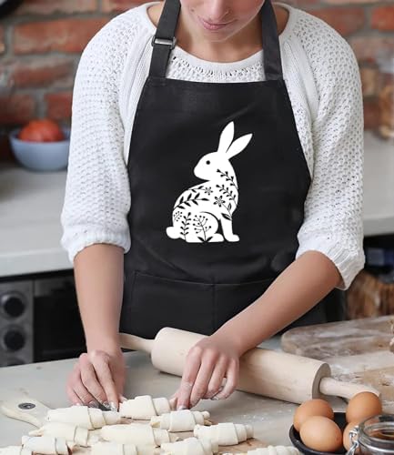 TSIIUO Easter Apron for Women Cute Bunny Rabbit Print Easter Gift Waterproof Bib for Chef Cooking Apron with Pockets - Image 2