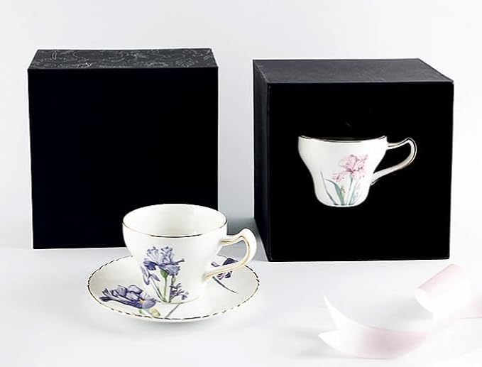 Bone China Tea Cup Set with Saucer Spoon - 3 Piece Set (7oz) Cappuccino & Latte Cups, Porcelain British Style, Mother's Day Gift (Pink Iris)