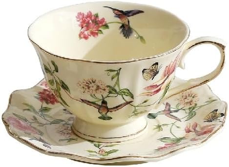 8 oz Vintage flower Ceramic cup and 6" saucer set with Brand customized stainless steel spoon Gifts for Afternoon Tea Coffee Hour (G)