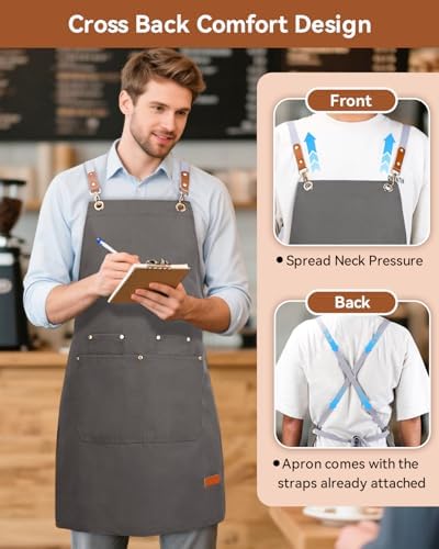 Teskyer Canvas Kitchen Apron with 4 Pockets | Cross Back or Adjustable Strap Design, 4 Utility Pockets, Water & Oil Resistant Fabric for Cooking Gardening & Crafts - Image 6