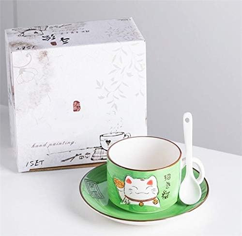 EatingBiting 5 Colors Handcraft Lucky Cat Maneki Neko Ceramic Tea Cups Mugs Dish Spoon 3PCs (green)