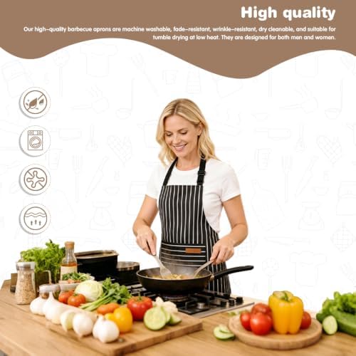 Chef Apron Bib Apron with 2 Large Pockets Adjustable Neck Strap Kitchen Apron Cooking Apron Stripes Baking Apron - Image 2