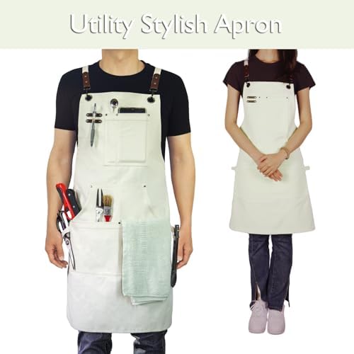 10 Pack Kitchen Apron, Work Apron, Canvas Apron, White | Multiple Pockets, Gardening, Painting, BBQ, Artist, Carpenter, Sizes M to XXL - Image 2