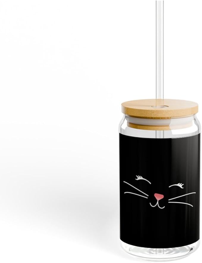 3dRose Too Cute Black Kitty Cat Face Nose and Whiskers 16oz Sipper Glass with Bamboo Lid and Straw