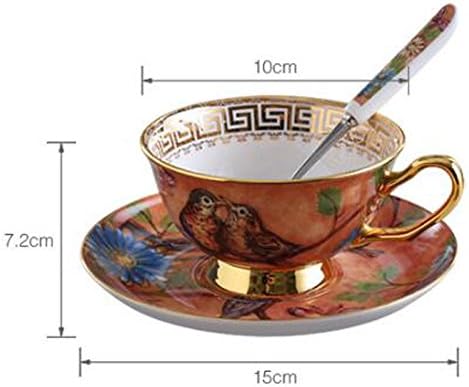 YBK Tech Euro Style Cup& Saucer Set Art Bone China Ceramic Tea Coffee Cup for Breakfast Home Kitchen- Birds and Trees Patterns (Orange)