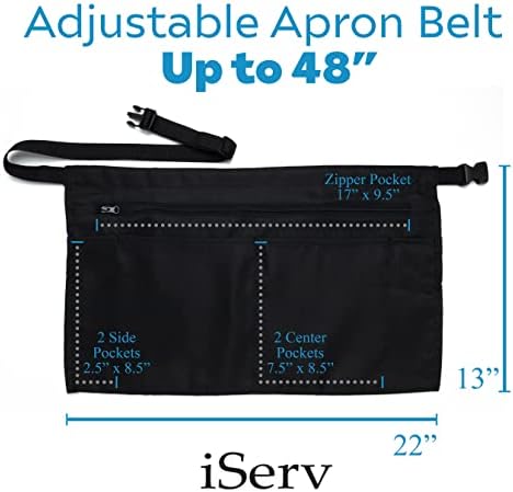 iServ 5 Pockets Black Waist Apron (22x13 inches). Clip-on Server Apron with Zipper pocket. Restaurant Half Aprons Waitress, Waiter, Server, Bartender, Barista, Money Apron, Check Holder, Organizer - Image 3