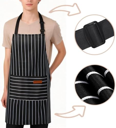 Chef Apron Bib Apron with 2 Large Pockets Adjustable Neck Strap Kitchen Apron Cooking Apron Stripes Baking Apron - Image 4