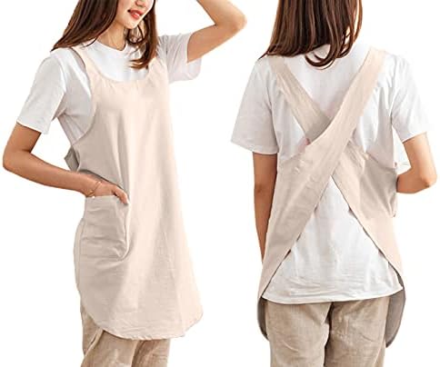 Cotton Cross Back Aprons Solid Color Cooking Kitchen Garden Smock for Women Girls with Pockets by Caatoor