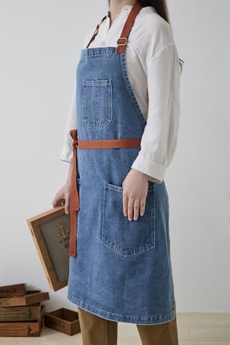Cotton Denim Apron Soft - Unisex Adjustable Bib Apron with 5-Pockets Perfect for Kitchens - Image 2