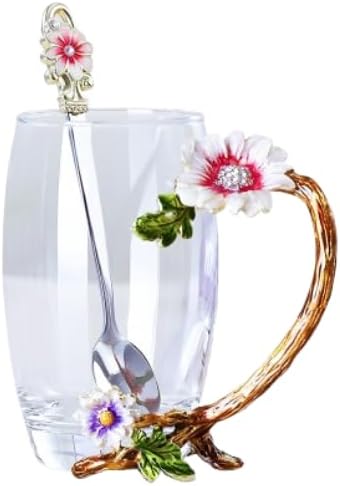 The Pure Embrace Flower Glass Tea/Coffee Cup, Gift for Mom, Birthday Gift for Women, Lead-Free Enamel Glass with Spoon (Large)
