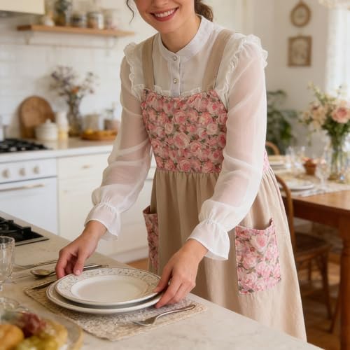 Uaussi Cotton Linen Apron Cross Back Work Apron for Women with Pockets Pinafore Dress X Cross Halter Apron for Chef Gardening - Image 6