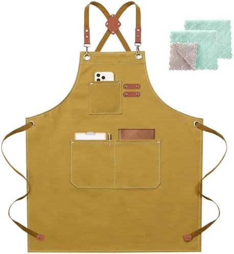 ZOMAO Chef Apron for Women Men with Large Pockets, Cotton Canvas Cross Back Waterproof Work Aprons for Kitchen Cooking Bib by ZOMAO