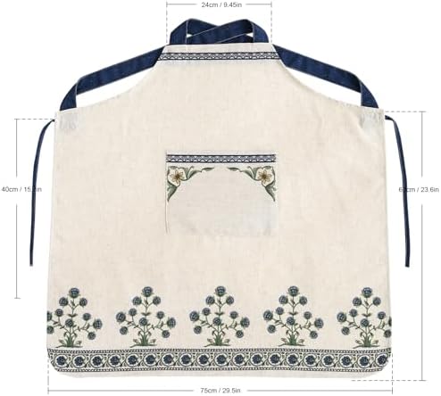 patdrea Blue Floral Linen Apron with Pocket,French Kitchen Garden Chef BBQ Aprons for Women and Men,Crisscross Back Straps - Image 5