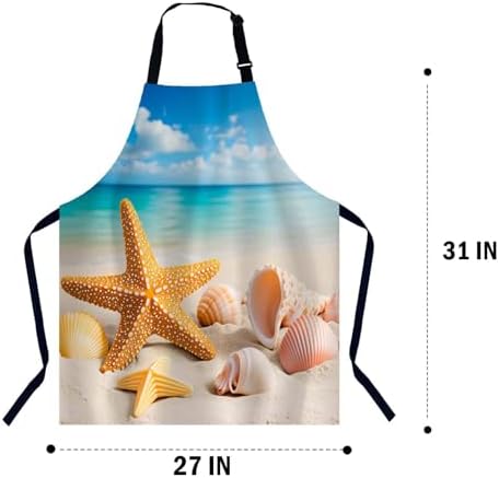 Starfish and Seashells on the Beach Bib Apron with Adjustable Neck for Men Women,Suitable for Kitchen Cooking Chef Grill Bistro BBQ Apron - Image 2