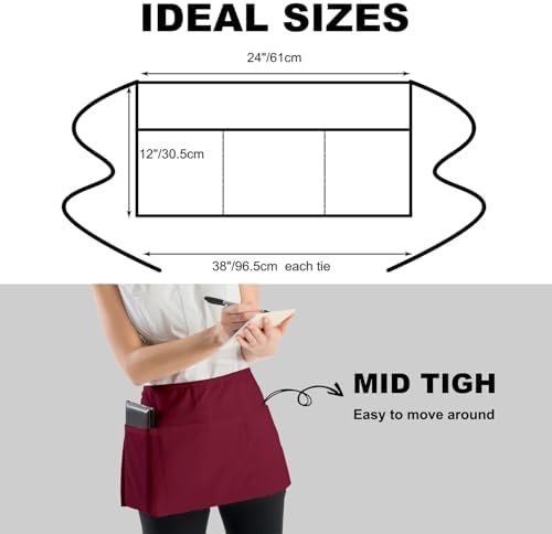 PLOYMONO 1P Burgundy Server Apron with 3 Pockets,Short Waist Waitress Apron | Polyester Short Waiter Apron with 3 Deep Pockets, Great for Restaurant Servers, Bartenders, Hosts, Baristas - Image 4