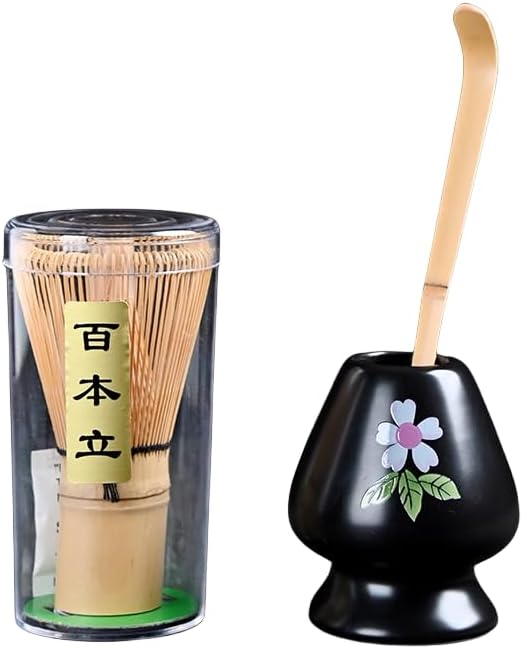 Japanese Matcha Tea Set, Bamboo Whisk (Chasen) + Matcha Scoop (Chashaku)+Ceramic Whisk Holder,fit for Japanese Tea Matcha Tea,Matcha Latte Accessories (A)