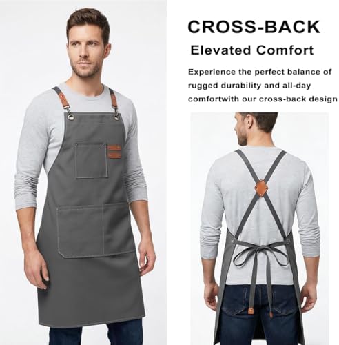 ZOMAO Chef Apron for Women Men with Large Pockets, Cotton Canvas Cross Back Waterproof Work Aprons for Kitchen Cooking Bib - Image 3