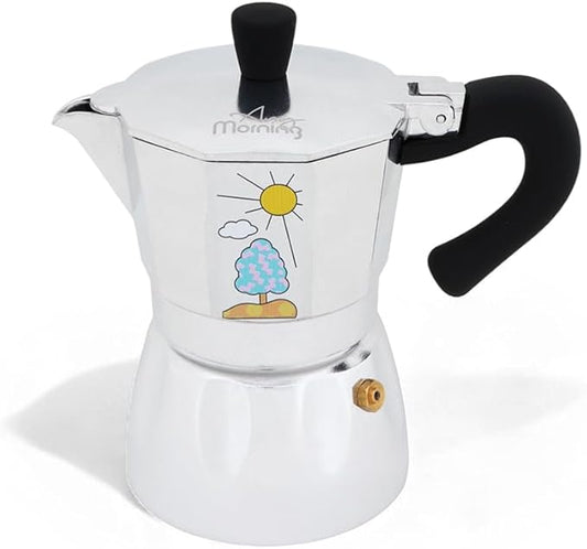 Any Morning Espresso Stovetop Moka Pot, 6 Cup Italian Coffee Maker, Aluminum, PBA Free, 8 Oz, 6 Expresso Cups Silver