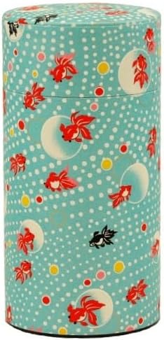 Washi Paper Tea Tin Canister: Long 7oz (200g) Red and Black Gold Fish (#120), Japan