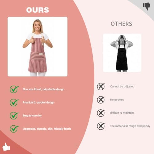Chef Apron Bib Apron with 2 Large Pockets Adjustable Neck Strap Kitchen Apron Cooking Apron Stripes Baking Apron - Image 4