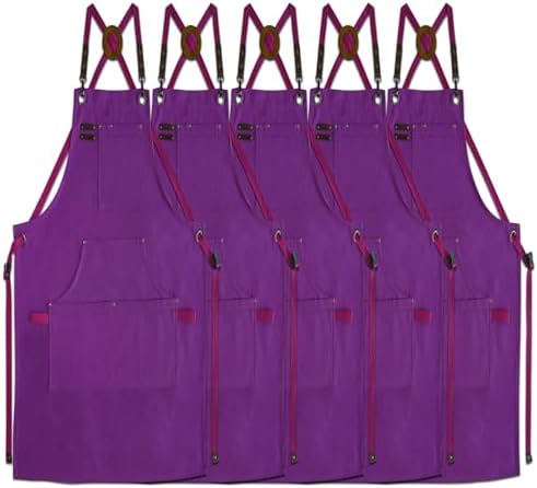 5 Pack Kitchen Apron, Work Apron, Canvas Apron, Purple | Multiple Pockets, Gardening, Painting, BBQ, Artist, Carpenter, Sizes M to XXL by Stenffy