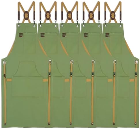 5 Pack Kitchen Apron, Work Apron, Canvas Apron, Olive | Multiple Pockets, Gardening, Painting, BBQ, Artist, Carpenter, Sizes M to XXL by Stenffy