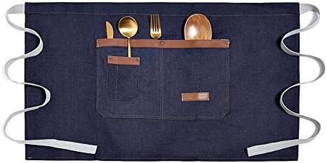 TOPTIE Denim Half Waist Apron with Pockets for Server Waiter Waitress | 100% cotton denim aprons, breathable, durable, large front pockets, adjustable ties, for restaurant kitchen bar, unisex by TOPTIE
