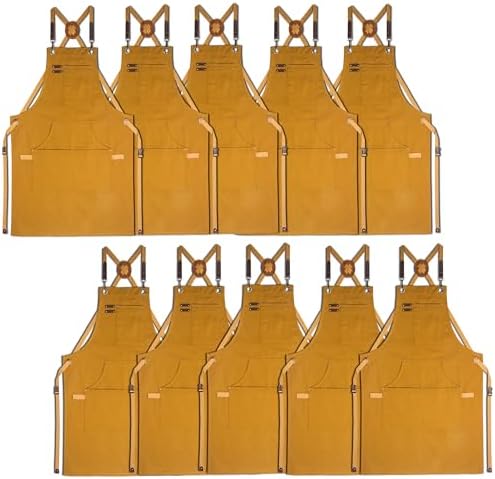 10 Pack Kitchen Apron, Work Apron, Canvas Apron, Khaki | Multiple Pockets, Gardening, Painting, BBQ, Artist, Carpenter, Sizes M to XXL by Stenffy