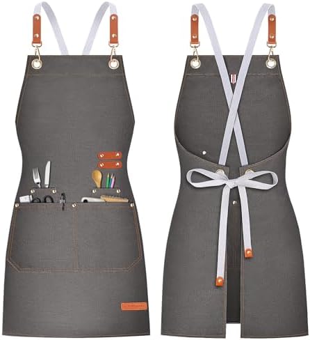 Teskyer Canvas Kitchen Apron with 4 Pockets | Cross Back or Adjustable Strap Design, 4 Utility Pockets, Water & Oil Resistant Fabric for Cooking Gardening & Crafts by TESKYER