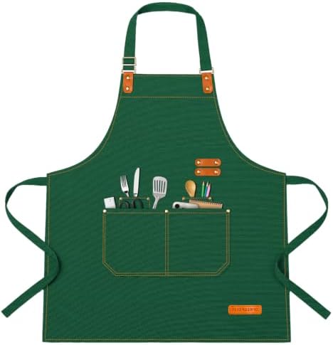 Teskyer Canvas Kitchen Apron with 4 Pockets | Cross Back or Adjustable Strap Design, 4 Utility Pockets, Water & Oil Resistant Fabric for Cooking Gardening & Crafts by TESKYER