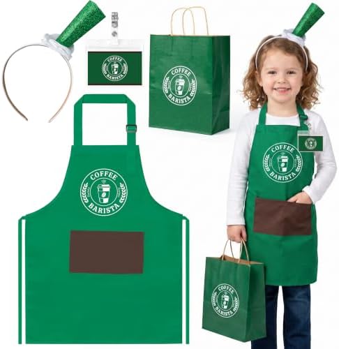 Halloween Coffee Costume Set - Barista Uniforms, 4Pcs | Adjustable, Waterproof Green Aprons, Name Tag, Hairband, Bags, Coffee Maker Outfit for Role Play, Halloween Party Dress Up by Unknown