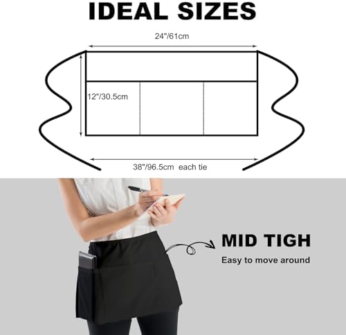 PLOYMONO 3P Black Server Apron with 3 Pockets, Short Waist Waitress Apron | Polyester Short Waiter Apron with 3 Deep Pockets, Great for Restaurant Servers, Bartenders, Hosts, Baristas - Image 4
