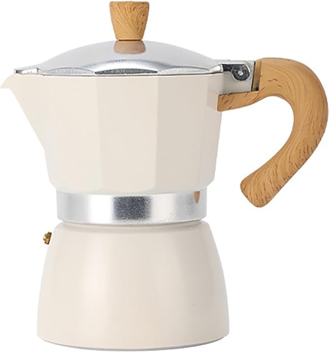 Kingdong Stovetop Moka Pot with Wooden Handle, 6-Cup Italian Style Coffee Maker, Black and Cream Aluminum Espresso Brewer (White, 3 cup)