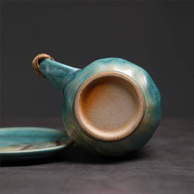 8oz Small Vintage Japanese Style Handmade Ceramic Tea Cup with Saucer , Lead-Free Cappuccino Mug, Artisanal Coffee Mug with saucer set,Handcrafted mug with handle, For Espresso, Latte ,Teal Green