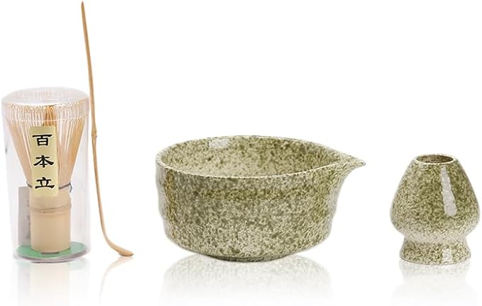 Matcha Tea Set with Matcha Green Ceramic Bowl, Fine Mesh Strainer and Bamboo Scoop, Japanese Style Matcha Accessories for Home Tea Ceremony.