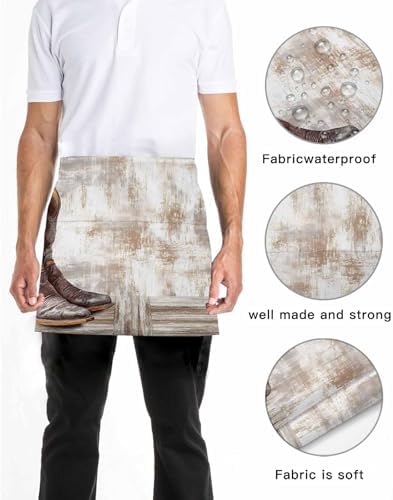 Western Cowboy Boots Waist Apron for Women with 3 Pockets, Vintage Country Brown Wooden Waterproof Chef Waiter Waitress Half Server Apron for Men Teachers Bartender Barista Restaurant Coffee 24"x13" - Image 5