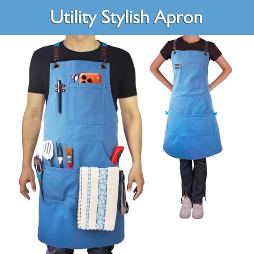Kitchen Apron, Work Apron, Canvas Apron, SkyBlue | Multiple Pockets, Gardening, Painting, BBQ, Carpenter, Sizes M to XXL - Image 2