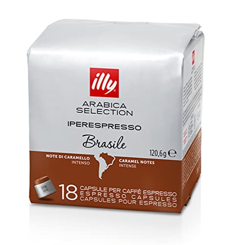 illy Coffee, Arabica Selection Brasile Espresso Capsules, Single Origin, Intense Flavor with Notes of Caramel, For Brewing with iperEspresso Capsule Machines, 18 Count (Pack of 1)
